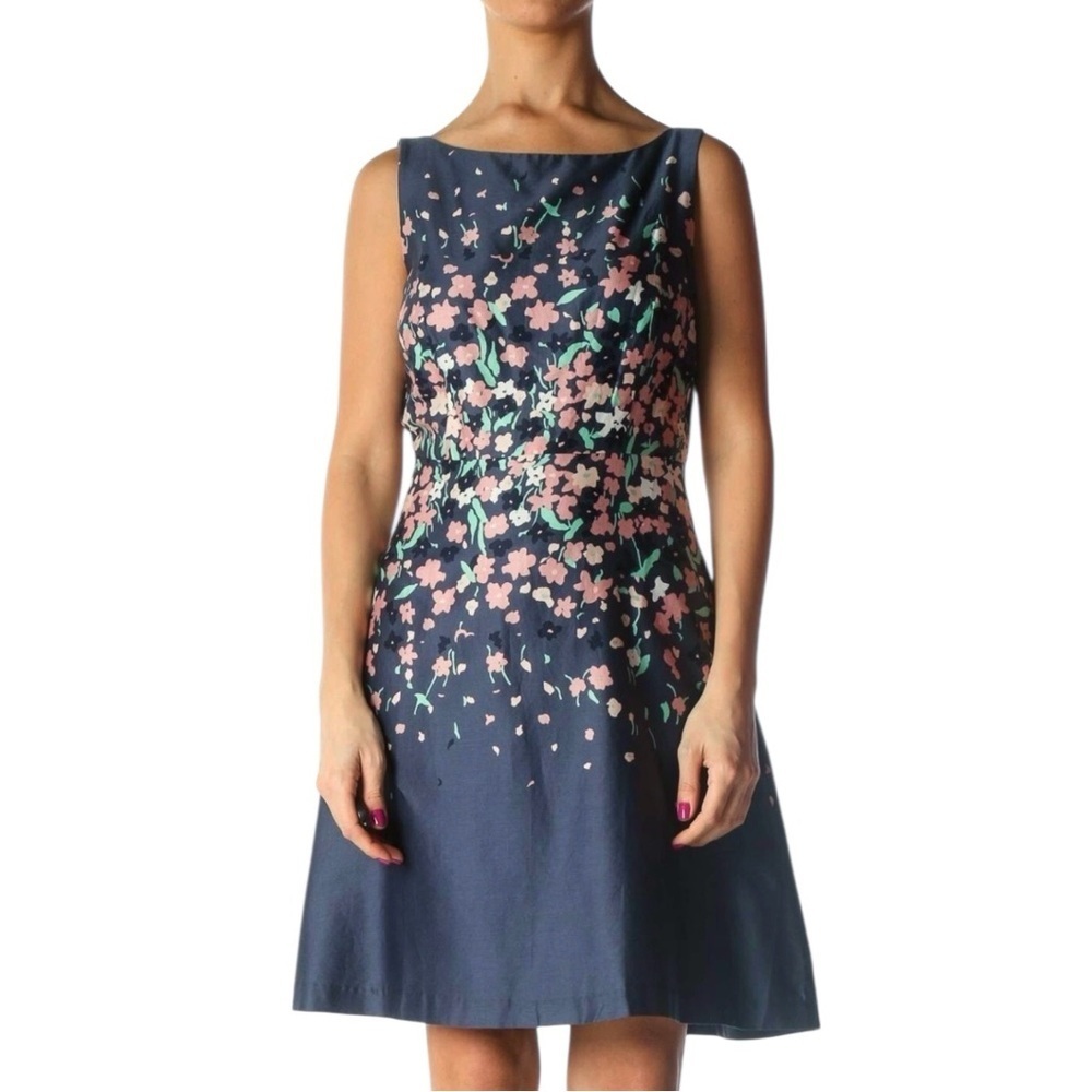 Loft Fit And Flair Blue Gray Floral Sleeveless Dress Above the Knee Size 8P